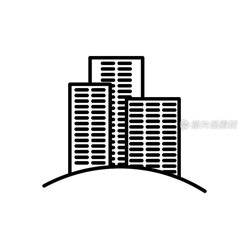 黑色轮廓的现代建筑图标。住宅、写字楼、摩天楼的象征。酒店的概念。Flat isolated on white, sign for:插图，logo，应用程序，设计，web，开发，ui, ux, gui。向量EPS 10